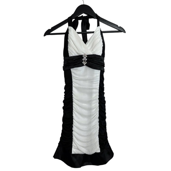 Deb Black White Halter Mini Dress Rhinestone Clubwear Cocktail Party Y2K Medium - Picture 1 of 9
